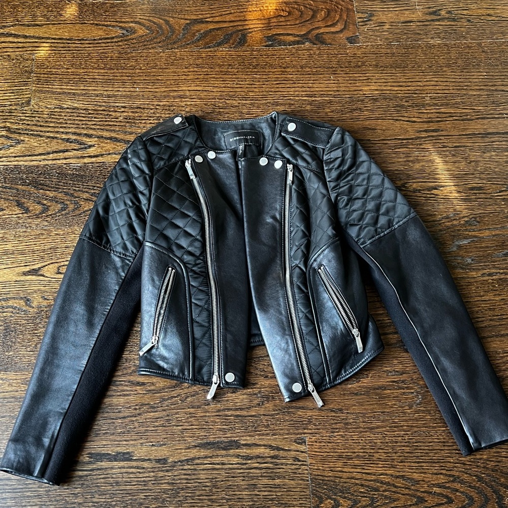 BCBGMAXAZRIA Cropped Genuine Leather Quilted Jacket